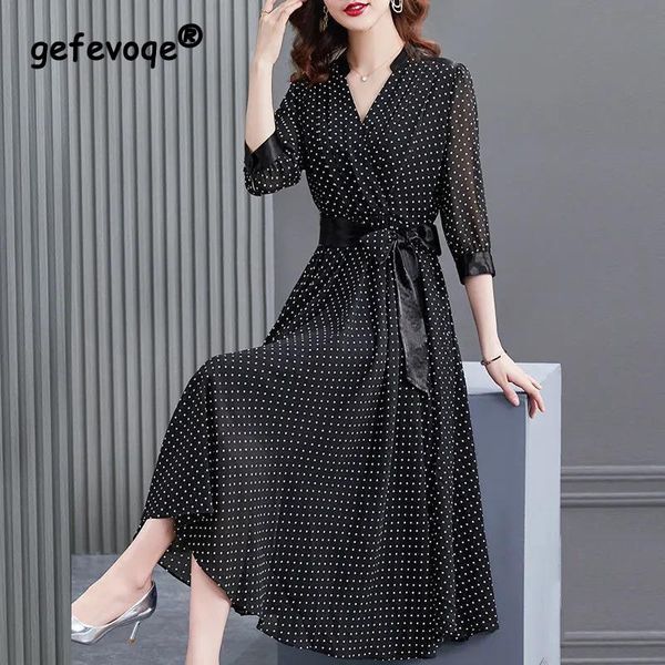 dresses 2023 summer new vneck 3/4 sleeve women's clothing casual fashion slim long dress women dot printing bow elegant dress, Black;gray